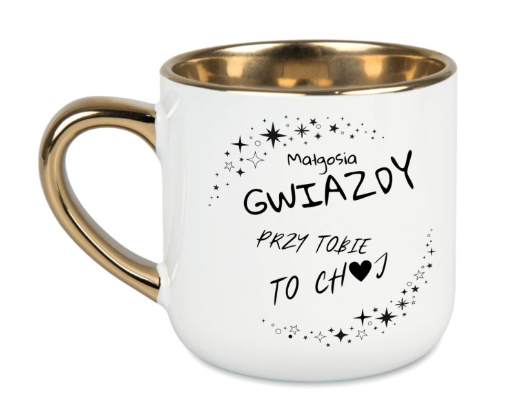 Personalizowany kubek 'Gwiazdy przy Tobie to Ch♥j' w kolorze białym z złotym uchem i rantem