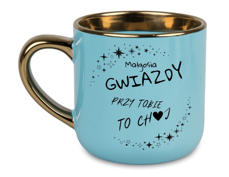 Personalizowany kubek 'Gwiazdy przy Tobie to Ch♥j' w kolorze niebieskim z złotym uchem i rantem
