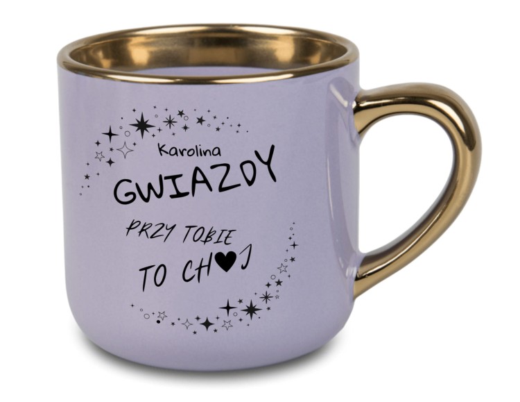 Personalizowany kubek 'Gwiazdy przy Tobie to Ch♥j' w kolorze fioletowym z złotym uchem i rantem