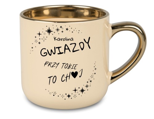 Personalizowany kubek 'Gwiazdy przy Tobie to Ch♥j' w kolorze kremowym z złotym uchem i rantem