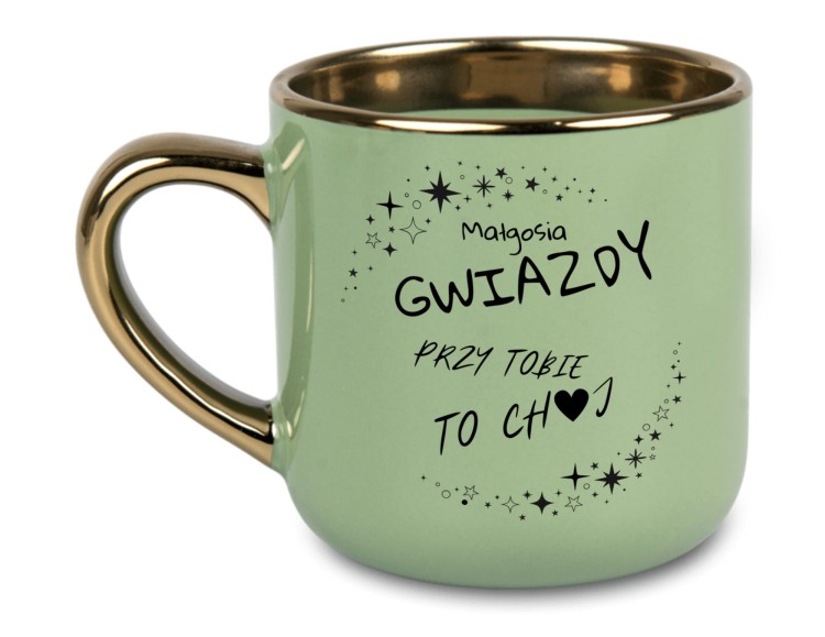 Personalizowany kubek 'Gwiazdy przy Tobie to Ch♥j' w kolorze zielonym z złotym uchem i rantem