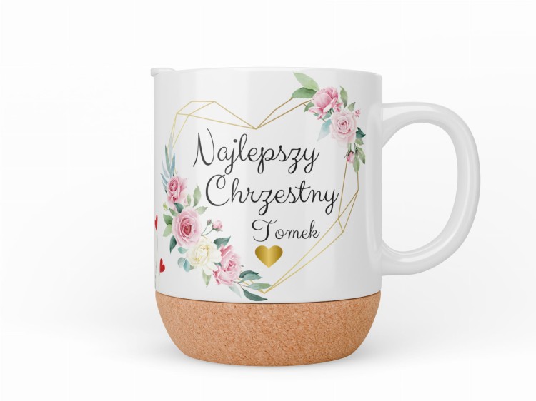 Kubek z napisem Najlepszy Chrzestny, imieniem i dekoracyjnym motywem kwiatowym