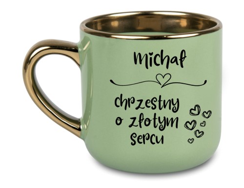 Tył zielonego kubka 'Chrzestny o Złotym Sercu' z możliwością dodania personalizacji imienia