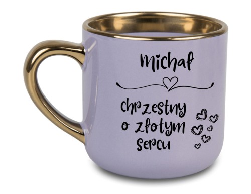 Personalizowany kubek 'Chrzestny o Złotym Sercu' w kolorze fioletowym z złotym uchem i złotym rantem