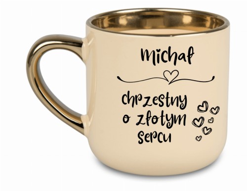 Personalizowany kubek 'Chrzestny o Złotym Sercu' w kolorze kremowym z złotym uchem