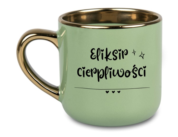 Personalizowany zielony kubek na prezent z nadrukiem 'Eliksir Cierpliwości' z złotym uchem i rantem na AlexGrawer.pl