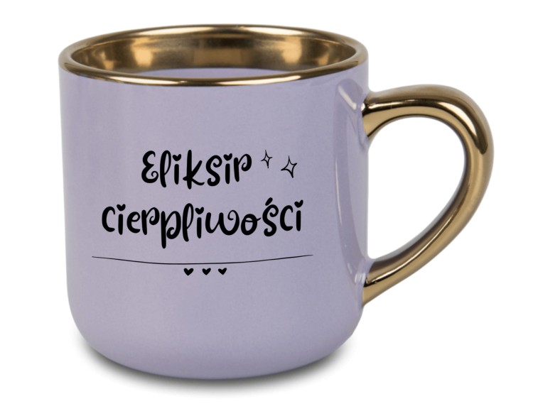 Personalizowany fioletowy kubek na prezent  'Eliksir Cierpliwości' z złotym uchem i rantem na AlexGrawer.pl
