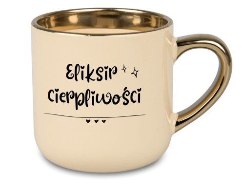 Personalizowany kremowy kubek 'Eliksir Cierpliwości' z złotym uchem i rantem na AlexGrawer.pl