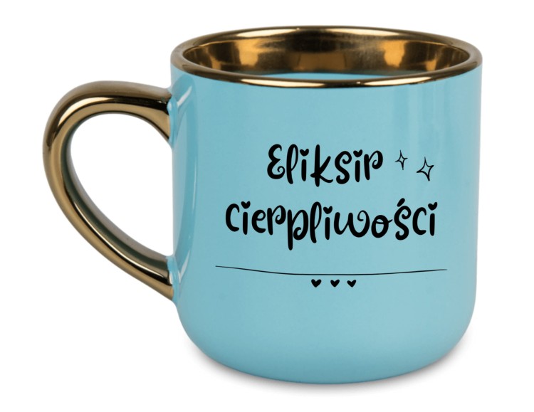 Personalizowany niebieski kubek na prezent 'Eliksir Cierpliwości' z złotym uchem i rantem na AlexGrawer.pl