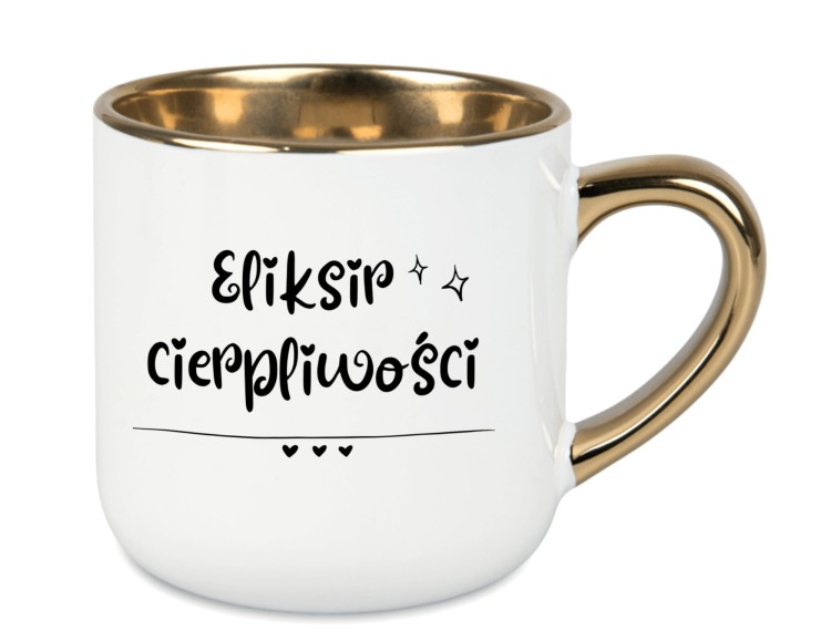 Personalizowany biały kubek 'Eliksir Cierpliwości' z złotym uchem na AlexGrawer.pl
