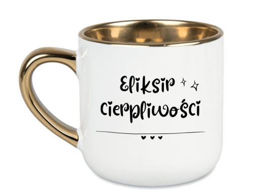 Personalizowany biały kubek na prezent 'Eliksir Cierpliwości' z złotym uchem na AlexGrawer.pl