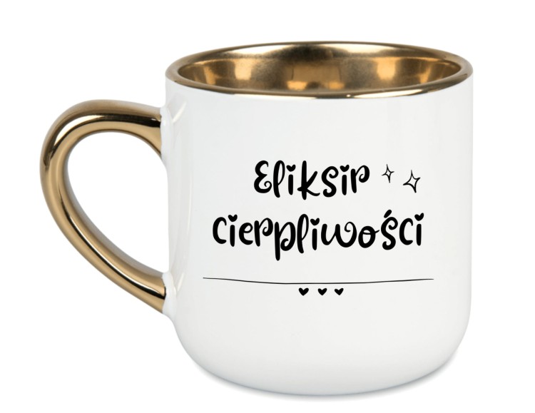 Personalizowany biały kubek na prezent 'Eliksir Cierpliwości' z złotym uchem na AlexGrawer.pl