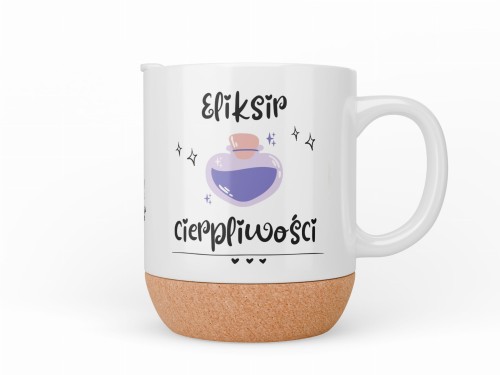 Kubek z napisem Eliksir cierpliwości i grafiką fioletowego eliksiru, imię pośrodku