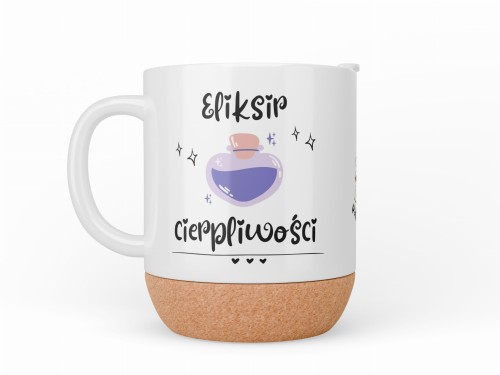 Personalizowany kubek Eliksir cierpliwości z matowej ceramiki i korkową podstawą