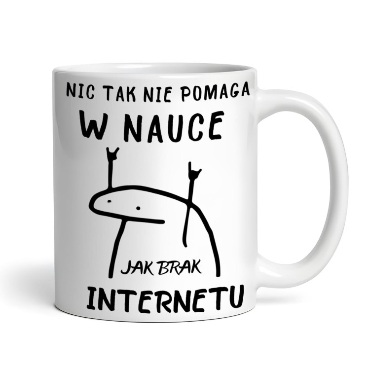 kubek z napisem „Nic tak nie pomaga w nauce jak brak internetu”