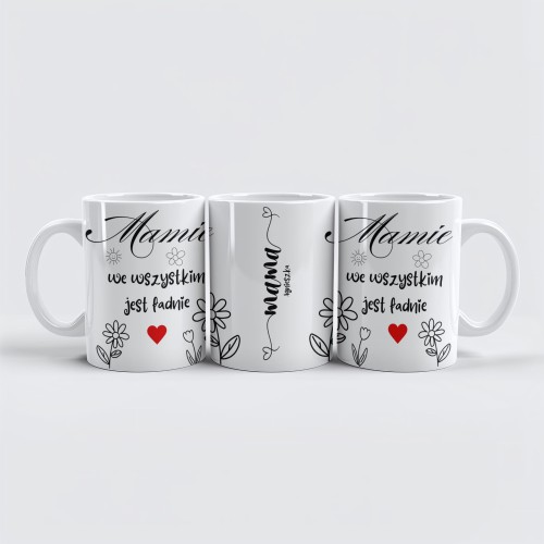 biały kubek ceramiczny z kwiatami i czerwonym sercem dla mamy