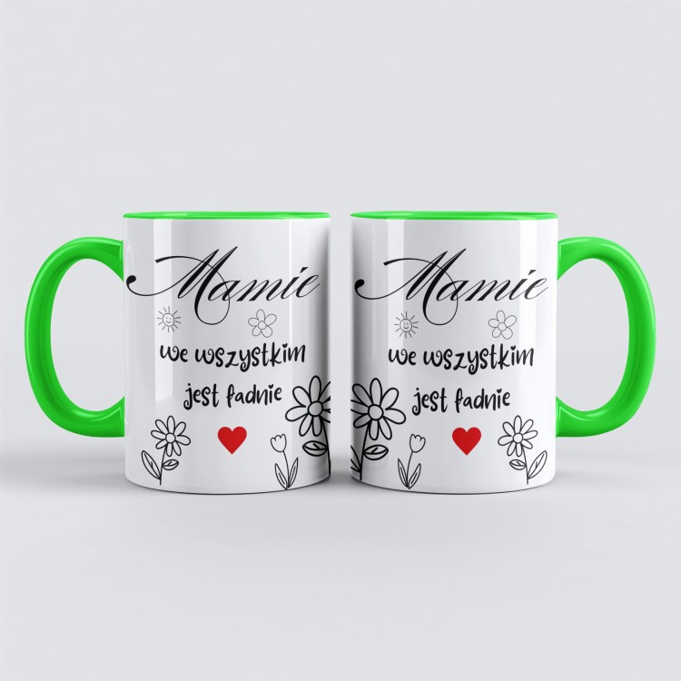 zielony kubek ceramiczny z kwiatami i czerwonym sercem dla mamy