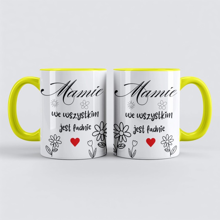 żółty kubek ceramiczny z kwiatami i czerwonym sercem dla mamy