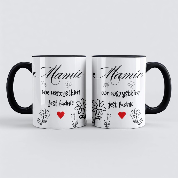 czarny kubek ceramiczny z kwiatami i czerwonym sercem dla mamy