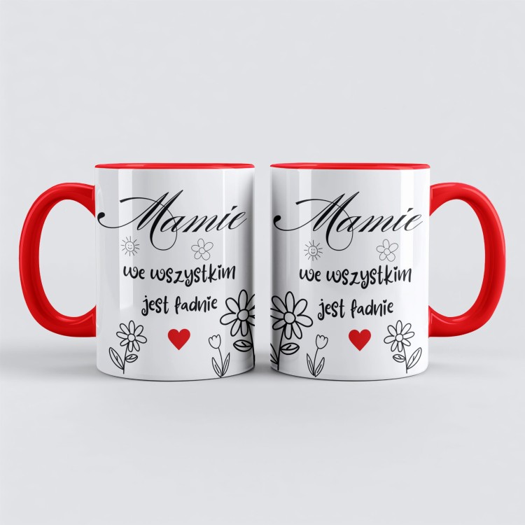 czerwony kubek ceramiczny z kwiatami i czerwonym sercem dla mamy