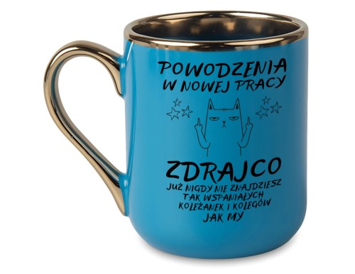 Zabawny kubek pożegnalny ze złotym uchem – prezent na odejście z pracy