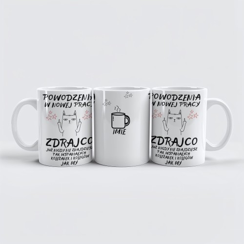 Personalizowany kubek z grafiką kota i zabawnym tekstem dla kolegi z pracy