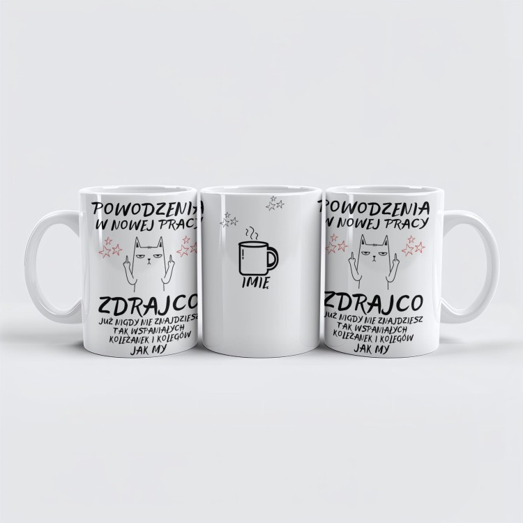 Personalizowany kubek z grafiką kota i zabawnym tekstem dla kolegi z pracy