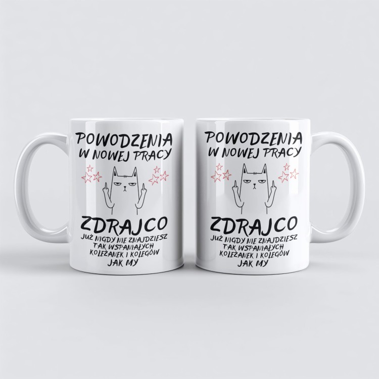 Kubek na prezent z napisem „Powodzenia w nowej pracy, zdrajco” – prezent na pożegnanie z pracy