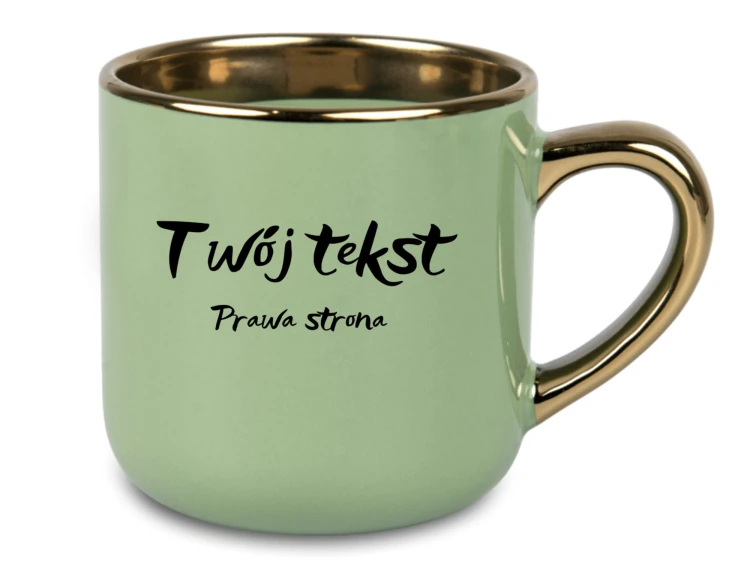 Kubek personalizowany z tekstem po prawej stronie – zielony kolor, złoty rant, czcionka do wyboru
