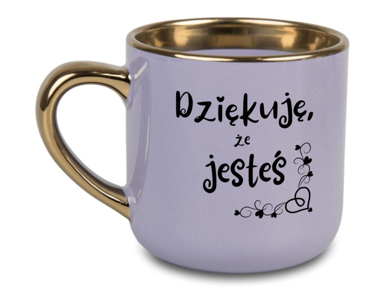 fioletowy kubek z napisem Dziękuję, że jesteś i złotym uchem – personalizowany prezent