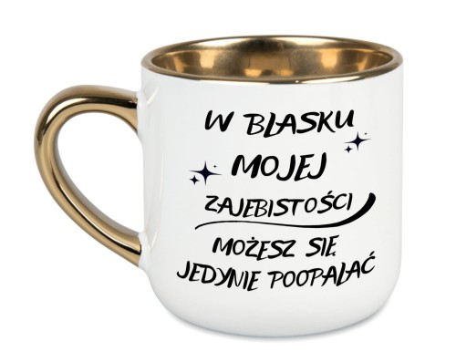 personalizowany kubek ze śmiesznym napisem i imieniem – biały ze złotym rantem i uchem