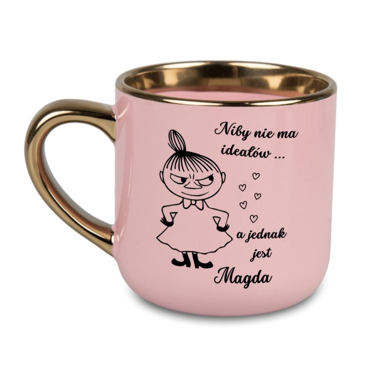 personalizowany elgancki różowy kubek 400 ml z grafiką Małej Mi i imieniem, prezent dla kobiety