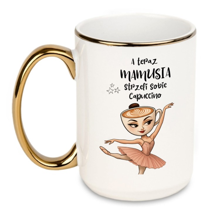 Kubek dla mamy z grafiką Ballerina Cappuccina i złotym uchwytem