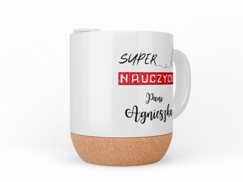 Personalizowany kubek z napisem „Super Nauczyciel” i korkową podstawą – prezent z imieniem dla nauczycielki