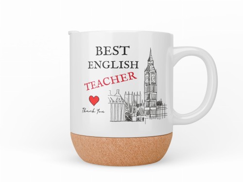 Kubek 300 ml z korkowym spodem i napisem „Best English Teacher”, z grafiką Big Bena – prezent dla nauczyciela angielskiego