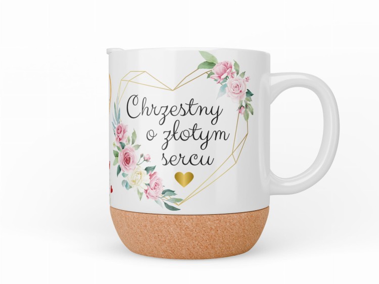 Prezentowy kubek z napisem i kwiatowym motywem dla chrzestnego