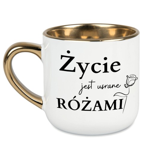 Biały kubek z napisem Życie jest usrane różami i imieniem – złote ucho, 400 ml