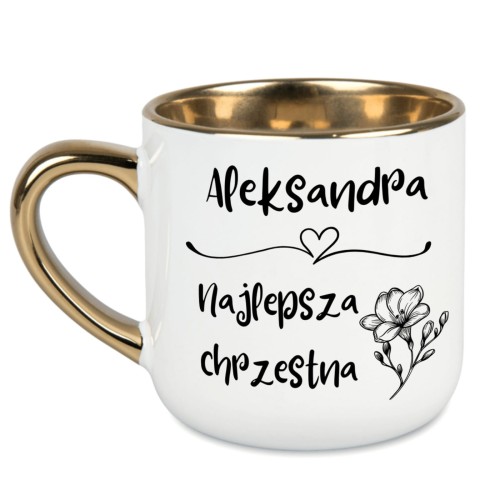Personalizowany kubek z napisem „Najlepsza chrzestna” i imieniem – biały ze złotym uchem 400 ml