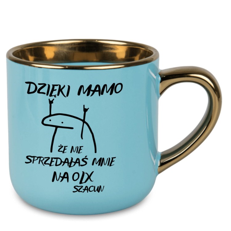 prezent dla mamy niebieski kubek ze złotym uchem