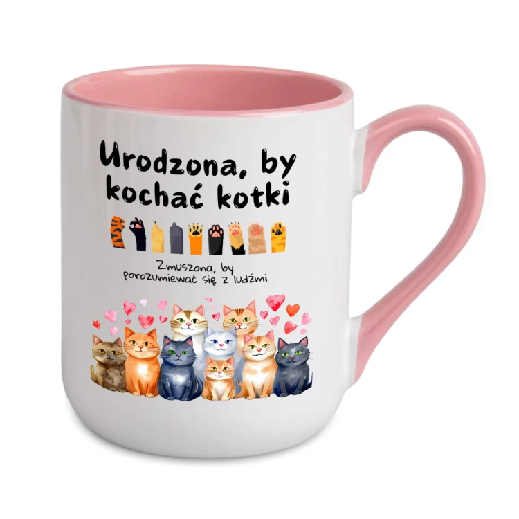 Różowy kubek z imieniem Urodzona by kochać kotki prezent dla kociary