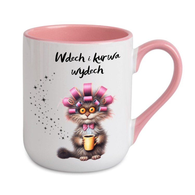 Kubek z kotem i napisem Wdech i k**wa wydech