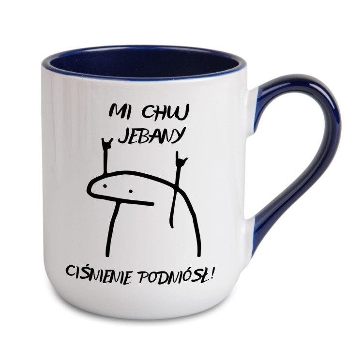 Granatowy Kubek z napisem Mi chuj jebany ciśnienie podniósł i grafiką