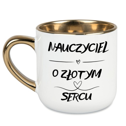 biały kubek nauczyciel o złotym sercu lewa strona złote ucho prezent dla pedagoga