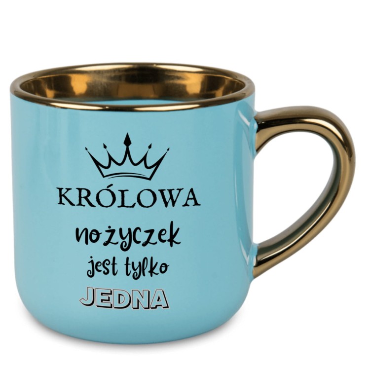 niebieski kubek dla fryzjerki z napisem królowa nożyczek