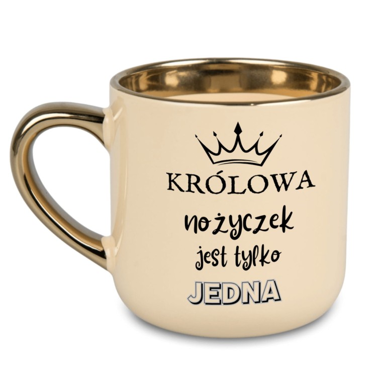 kremowy kubek dla fryzjerki z napisem królowa nożyczek