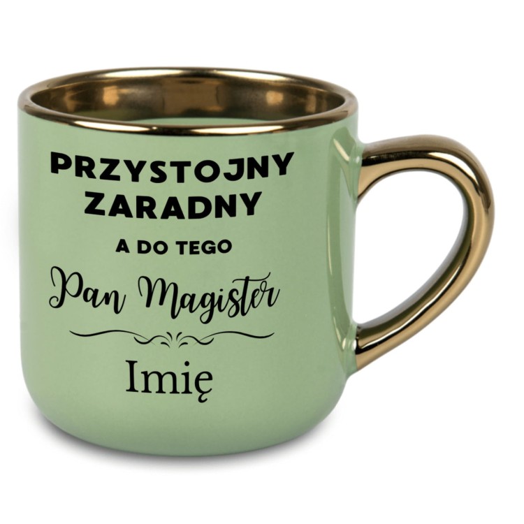 kubek oliwkowy ze złotym uchem i rantem dla magistra