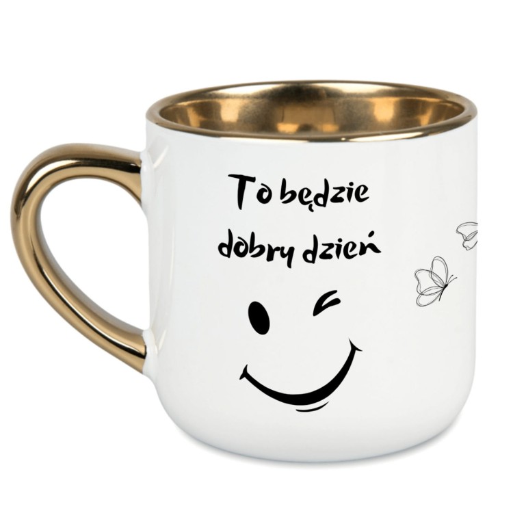 Kubek z motylami, napisami i złotym wykończeniem