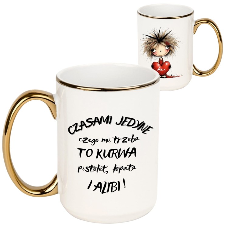 kubek biały ze złotym uchem i rantem nadruk z dwóch stron