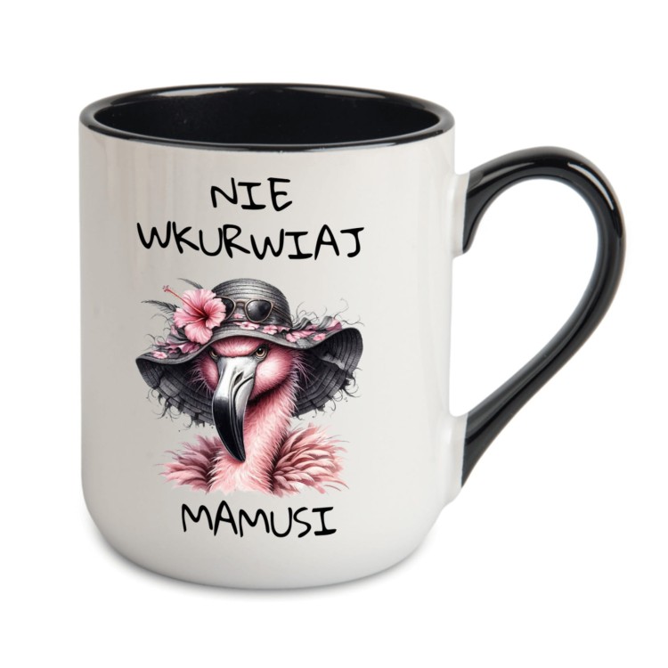 personalizowany kubek z imieniem w centralnej części i nadrukiem Nie wkurwiaj mamusi po obu stronach