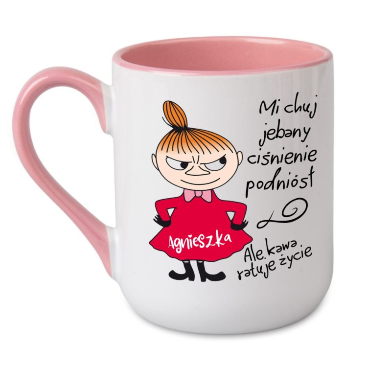różowy personalizowany kubek z napisem „Mi ch*j ciśnienie podniósł”